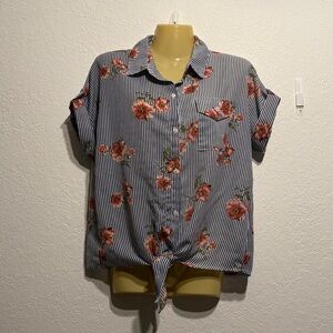 Passport Women’s Striped Floral Tie Front Button Down Blouse Large Blue White L